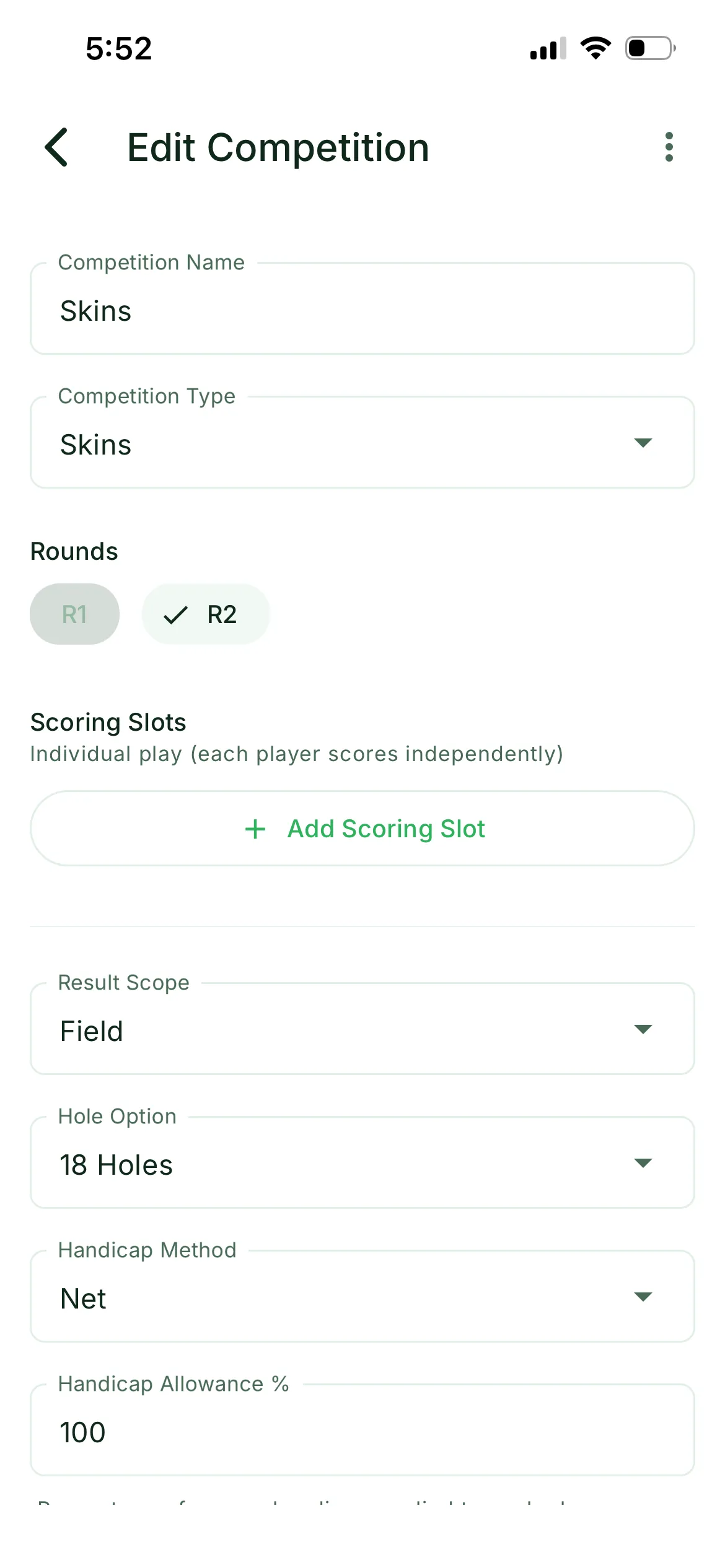 Setting up a Skins competition in Deep Cabbage: choosing the format, the rounds it covers, whether it scores across the whole field, and the handicap method and allowance.